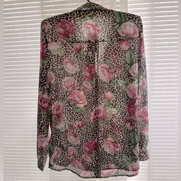 Guess M-L Brown Pink Animal Print Peony Floral Button Front Long Sleeve Blouse - Picture 2 of 13